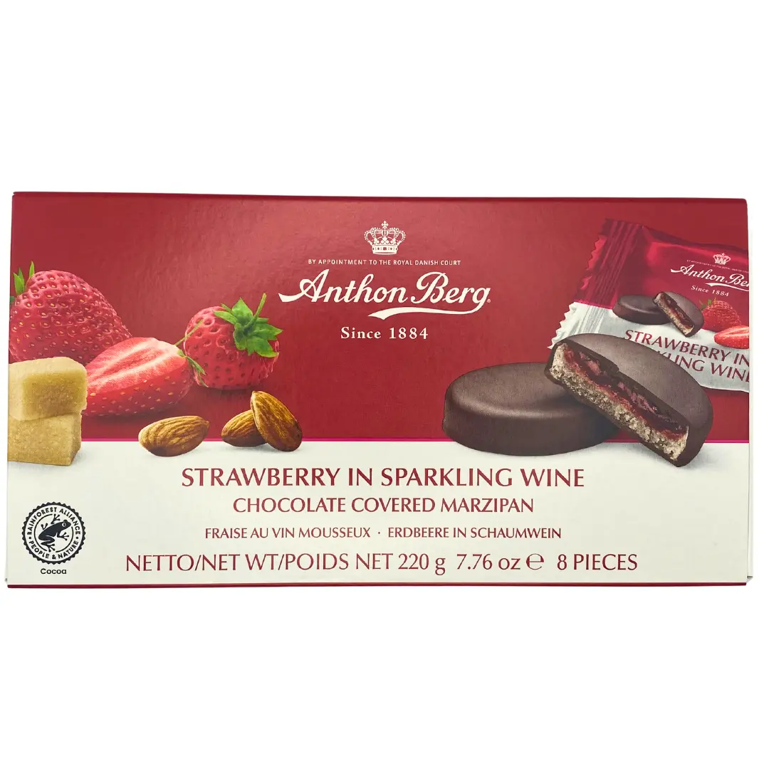 Anthon Berg Marzipan Chocolate Strawberries in Champagne - 8 Pieces - Danish Snack - Holiday Box - Christmas Candy - Bonbon Snack Bonbon Almond Dessert