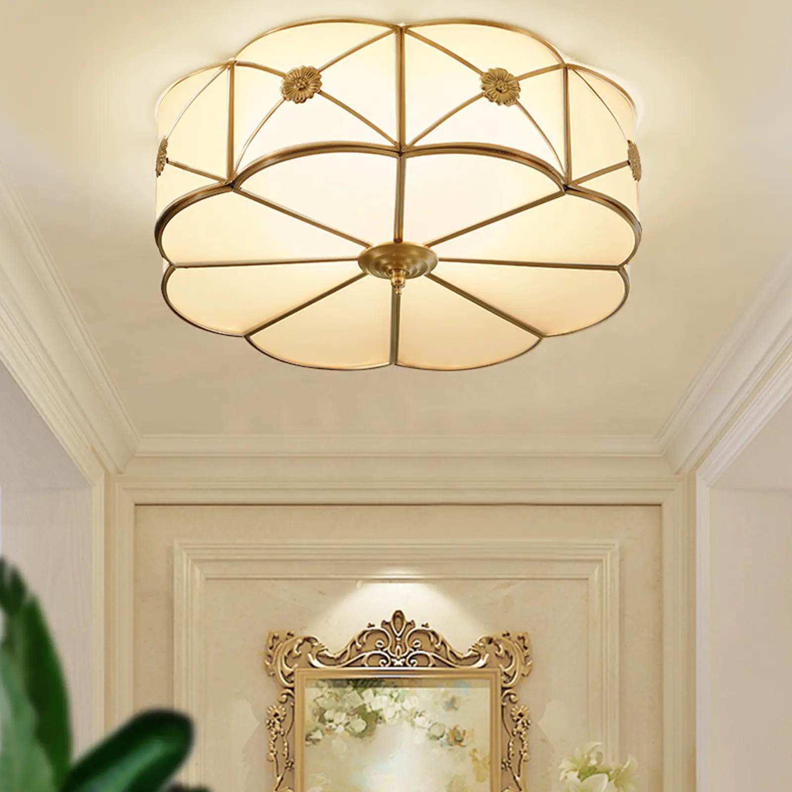 Modern 3-Light Flower-Shaped Copper & Glass LED Flush Mount Ceiling Light Fixture, E27 Base, Golden Yellow Warm Glow Interior Lighting for Living Room, Reading Room