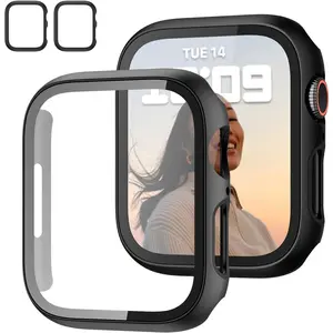 2 Pack Case with Tempered Glass Screen Protector for Apple Watch Series 9/8/7 41mm,Slim Guard Bumper Full Hard PC Protective Cover HD Ultra-Thin Cover for iWatch 9 8 7 41mm Accessories,Black