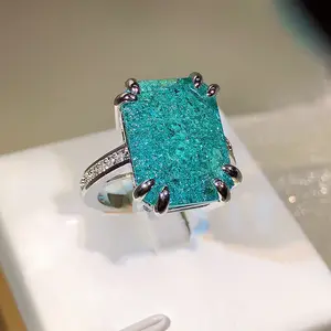 Signature GetUp Paraiba Tourmaline Gemstones Ring – Ice Flower Cubic Oxidation Brass Ring for Wedding & Charm Jewelry