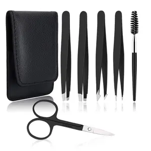 6pc Stainless Steel Tweezers Set - Professional Precision Kit for Eyebrows Facial Hair Ingrown Hair Splinters with Travel Case
