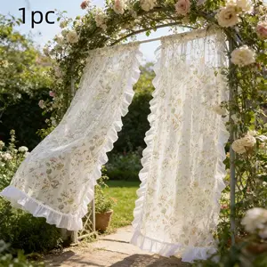 1pc Vintage Floral Print Outdoor Sheer Curtain, Ruffled Decorative Drapes, Semi-Transparent, Rustic Style for Patios, Balconies, Corridors