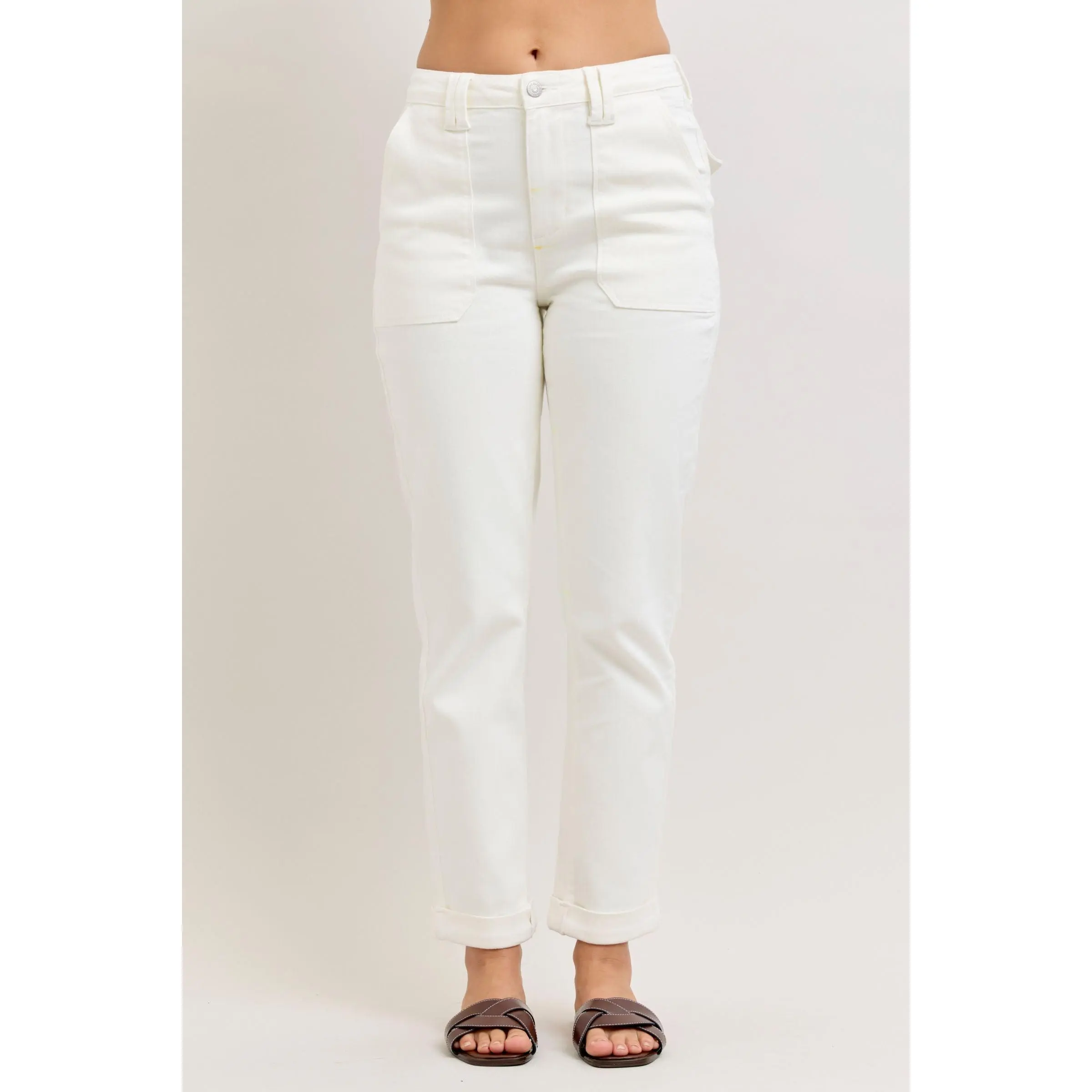 Judy Blue High Waist Aurora Weekender Garment Dyed White Cuffed Slim Straight Jogger Denim Jeans 881083, Streetwear, Spandex, Casual, Clothes, Top, Trouser