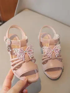 Girls' Rhinestone Butterfly Bow Decorated Pu Sandals, Multi-Buckle Design, Adjustable Low Heel, Comfortable Princess Style, Versatile and Elegant