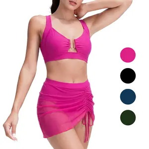 Women's 2-Piece High Waisted Tummy Control Bikini Set - Metal Cutout Top, Mesh Swim Skirt, Adjustable Cross Tie Back Swimsuit for Beach, Pool & Vacation Parties#SummerVibes