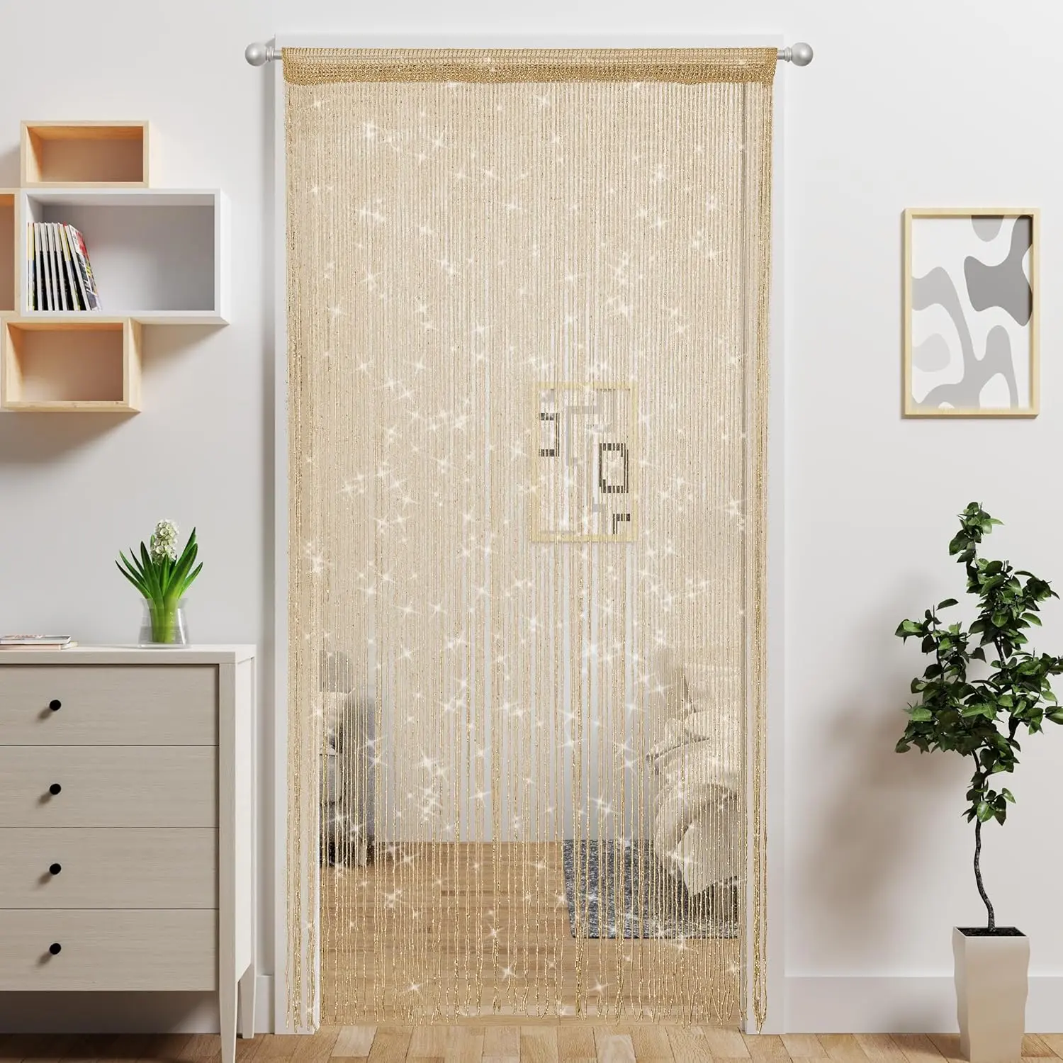 Door String Curtain Doorway Beads Curtains,Hanging Room Divider Beaded Decor Hippie Glitter Fringe Panel Closet Window Doors Sequin Sheer Boho Doors Tassel (Champagne)
