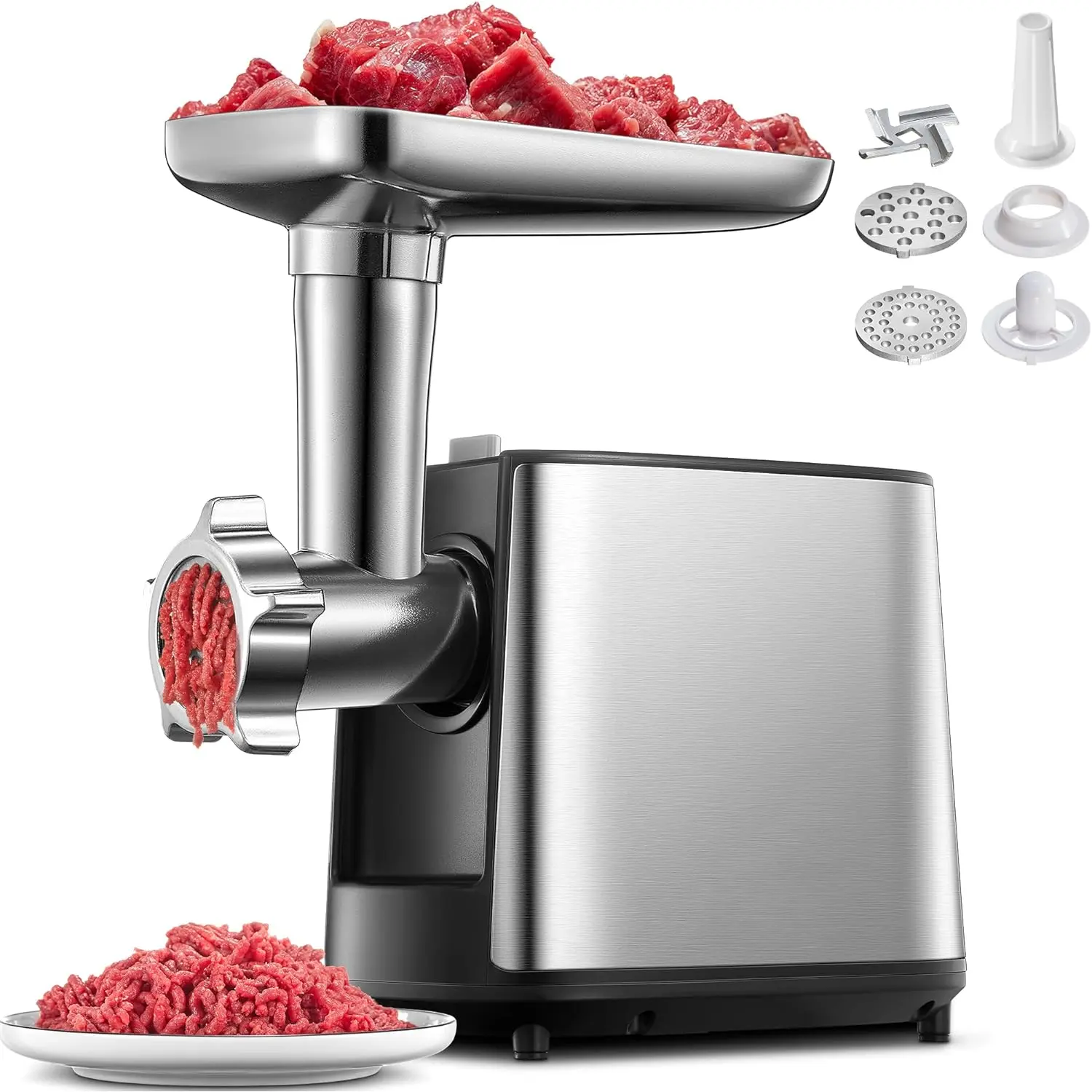 3000W Max Heavy Duty Electric Meat  with Sausage Stuffer Maker & Kubbe Kit, 2 Stainless Steel Grinding Plates for Home & Restaurant(Silve&Black)