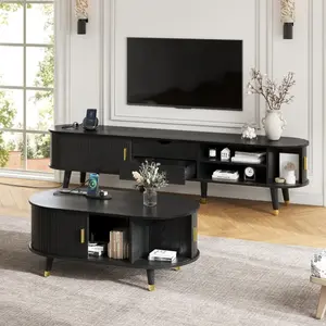 Wooden Farmhouse TV Stand & Coffee Table Set with Charging Station, Oval Fluted Media Console with Sliding Doors for TVs up to 80", Mid-Century Center Table with Solid Wood Legs for Living Room,Black(High end and high-quality)