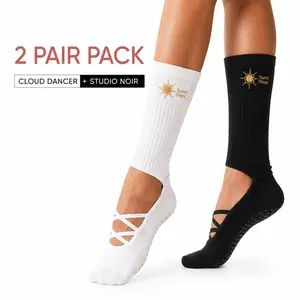 Women's Breathable Cotton Sunni Steps Ballet-Inspired Pilates Grip Socks, Non-Slip Mid-Calf Socks, 2-Pair Pack