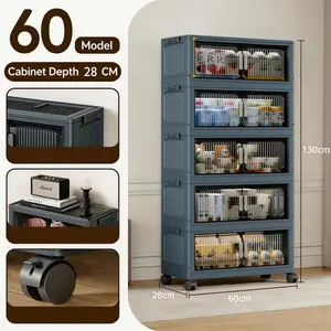 Multi Layer Stackable Foldable Storage Cabinet Transparent Vertical Strip Door Tool Free Installation Wheeled Movable Living Room Bedroom Kitchen Multiuse Shelf