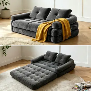 Boneless Pull-Out Sleeper Sofa Bed - 1-3 Seater Foldable Convertible Corduroy Tufted Upholstered Floor Couch with Pillows, High Resilience High Density Foam for Small Space Living Room, Black/Gray/White (Boneless Couches)