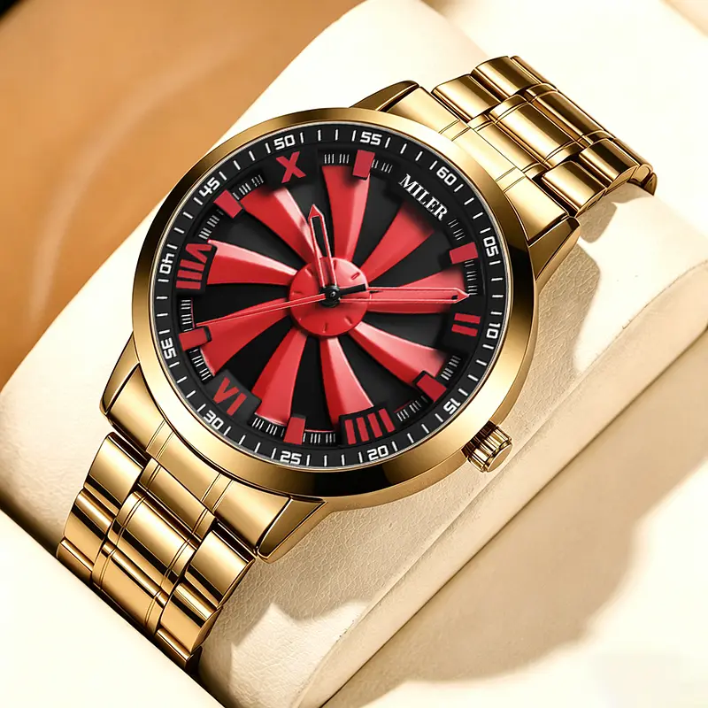 【Father's Day Gifts 】Men's Racing Wheel Inspired Watch – Luxury Gold-Tone Sporty Quartz Wristwatch with Rotating Style Dial, Luminous Hands, Water-Resistant Stainless Steel Bracelet | Elegant & Durable for Daily Wear & Casual Occasions