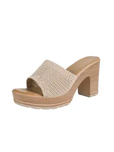Women's Comfortable Knit Mesh Thick Sole Mules, Slip-On Heeled Sandals, Casual Footwear for Summer, Stylish and Breathable Design