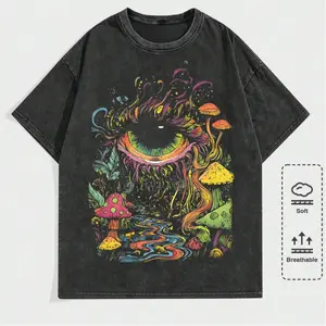 Menswear Casual Short-Sleeve Distressed Graphic T-Shirt - Dark Background with Bright Green Eyes & Mushroom Forest Pattern, Soft Breathable Knit Fabric, Elastic Fit Round Neck, Suitable for Daily Wear, Y2K