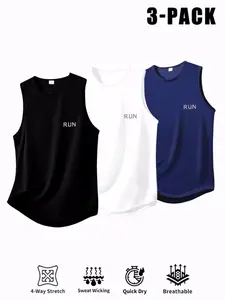 3-Pack Men's "RUN" Print Quick Dry Tank Tops, 4-Way Stretch Sweat Wicking Sleeveless Athletic Shirts, Breathable Gym Workout Tops for Running, Fitness & Training