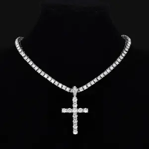 Mens Womens Hip Hop Jewelry Bling Cross Pendant Necklace Iced Out Crystal Rhinestone Chain for Rappers Street Style Christmas Gift