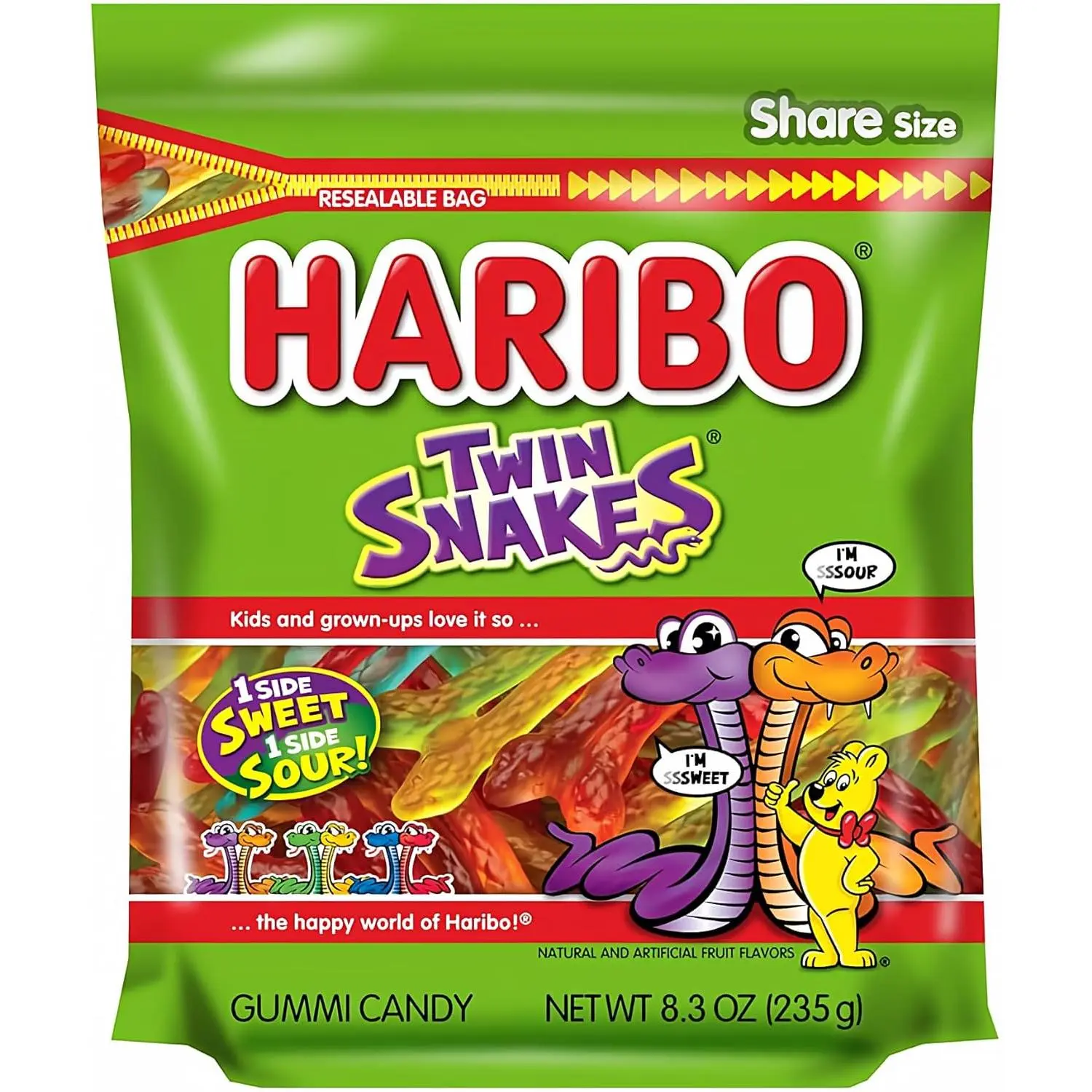 Gummi Candy, Twin Snakes Sweet Sour Gummy Candy, 8.3 Ounce Resealable Share Size Stand Up Bag, Soft Chewy Snacks, Assorted Fruity Flavors