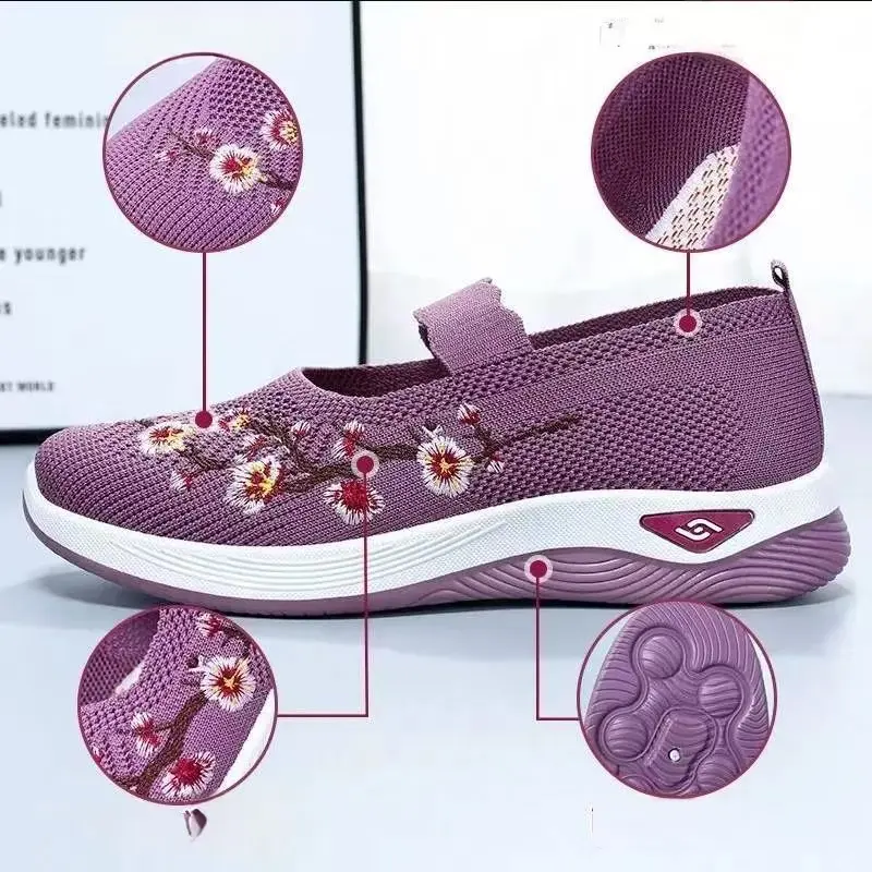 OFIREND | Women's Embroidered Sneakers - Light Purple Knit Fabric, Floral Embroidery, Comfortable & Stylish for Daily Wear! Perfect for Casual Outings. #WomensShoes #ComfortSneakers  #EmbroideredFootwear #CasualShoes