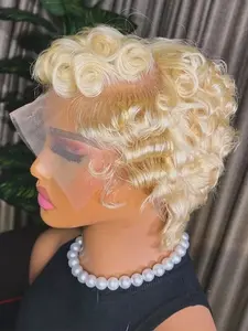 613 Blonde 13x4 Transparent Lace Front Wigs, Human Hair Pixie Cut Short Bob, Loose Wave, Preplucked, Curly Style, Women's Fashion