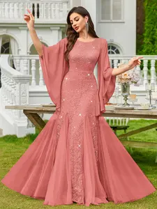 Miusol Women's Long Sleeve Sparkly Floral Lace Tulle Sequin Ruched Slim-Fit Formal Mermaid Hem Maxi Dress - With Slit, Ideal for Wedding Guests, Fashion Parties