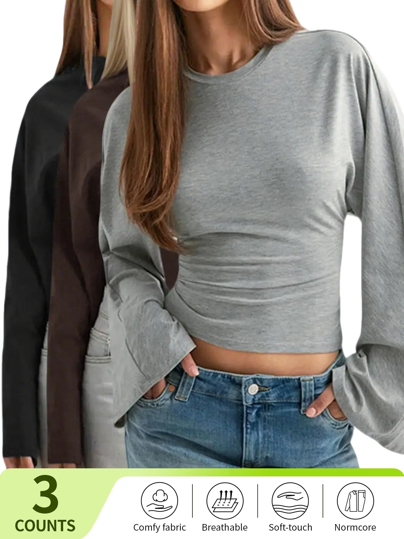 Solid Color Basic Casual Batwing Sleeve Crop T-Shirt for Women, Long-Sleeve Top for Spring & Summer, Relaxed Fit, Loose, Spring Fashion, Minimalist Style, Chic, Easy Care, Soft Fabric, Versatile Blouse, Women's Tshirt, Fashion Enthusiasts, Adults