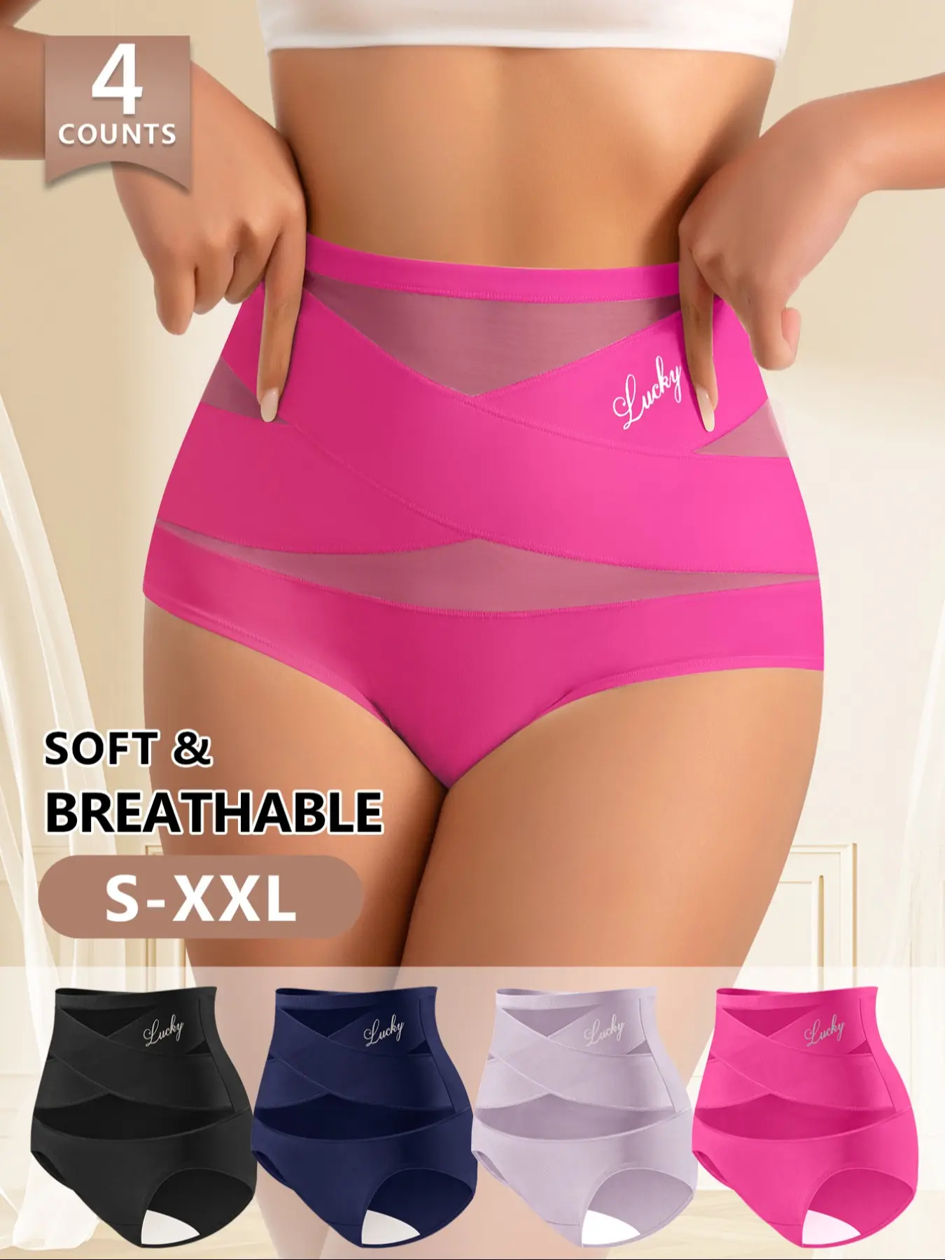 Morelect Women's High-Waist Mesh Fashion Breathable Underwear Set Panties, Soft Breathable No Sweat, Multi-Color Triangle Pants, Sizes S-Xxl, 4 Pcs Pack