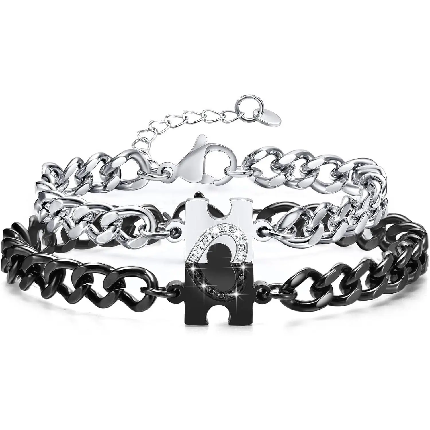 Couples' Heart Shaped Bracelet Set - Unisex Stainless Steel Cuban Chain with Natural Stones, Puzzle Casual Everyday Long-Distance Promise Jewelry, Christmas Birthday Gift Fashion Accessory, Interlocking, Cubic Zirconia, Daily, Graduation, Custom Fit, Wate