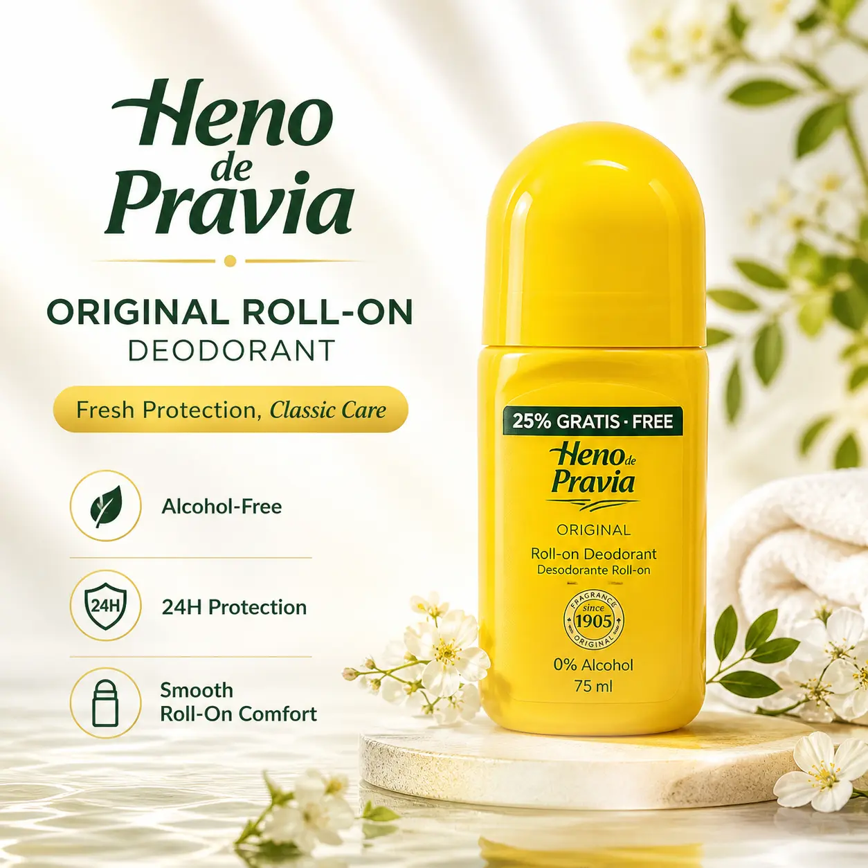 Heno De Pravia Original Scent Roll-On Antiperspirant Deodorant - 24H Odor Control, Alcohol-Free, All Skin Types, 62.5ml Bonus Size, Scented Underarm Product for Work, Travel Toiletries, Body Care