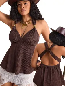 Plus Size Women Solid Color Backless Sleeveless Top Rave Festival Summer Island Vacation Sexy Halter Neck Boho Country Style Western Style Party Going Out, Summer Top
