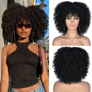 【springtok】WigDreams 10/12 Inch Short Afro Kinky Curly Hair Wigs for Black Women, Fluffy Glueless Wigs with Bangs, Wear and Go Synthetic Full Machine Wigs for Daily Party  curly