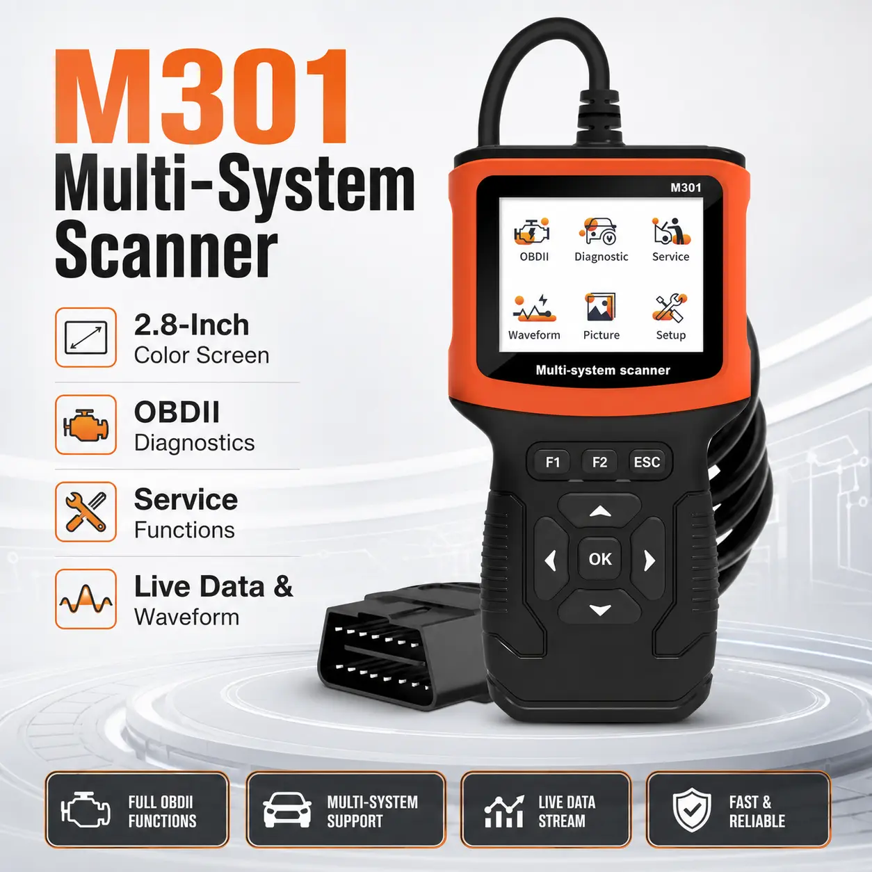 M301 Multi-System OBD2 Scanner, Automotive Diagnostic Code Reader with 2.8-Inch Color Screen, Live Data Waveform, Service Functions and Type-C Interface for Compatible OBDII/EOBD Vehicles