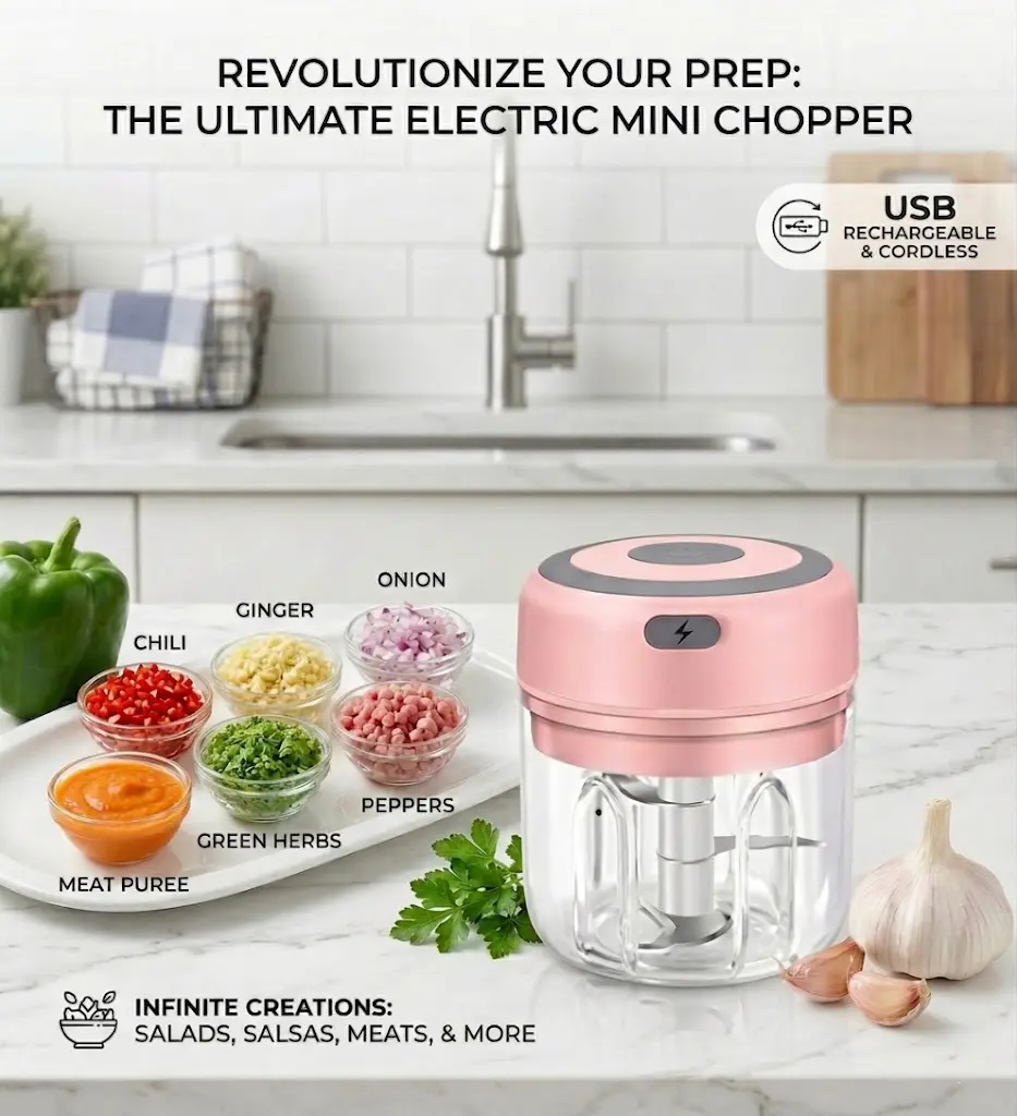 Cordless Mini Compact Vegetable Chopper - BPA-Free Multifunctional Kitchen Appliance, USB Rechargeable, 304 Steel Blades, Adjustable Meat Vegetable Cutter, Auto-Stop Portable Electric 250ml Garlic Ginger Chili Machine (Pink)