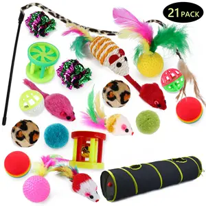 Cat Toys 21Pcs Kitten Toy Set - Tunnel Interactive Kitten Toy Set with Black and Yellow, Straight Through Design, Fluffy and Teasing Stick