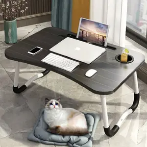 Black Foldable Laptop Bed Desk with 4 USB Charging Ports, Portable Overbed Table with Phone & Cup Holder, Adjustable Lap Desk for Bed, Sofa, Dorm, Home Office, Laptop Stand for Work & Study