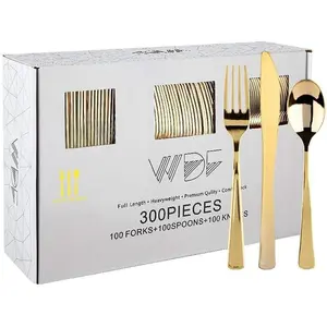 300 Pieces Gold Plastic Silverware - Heavy Duty Disposable Cutlery Set Plastic Gold Silverware Set Includes 100 Forks, 100 Spoons, 100 Knives for Party Valentine’s Day