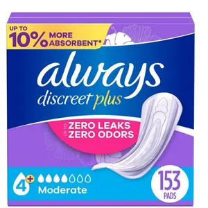 Always Discreet Plus Incontinence Pads for Women Moderate 153 Counts Absorbent RapidDry Core Leakguards OdorLock Tech