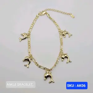 Ankle Bracelet Dolphin Chain Figaro link Diamont cut Adjustable 8.5 to 10.5 Inches Laminated Gold SKU AK06 Anklet Trendy Fashionable Accessories