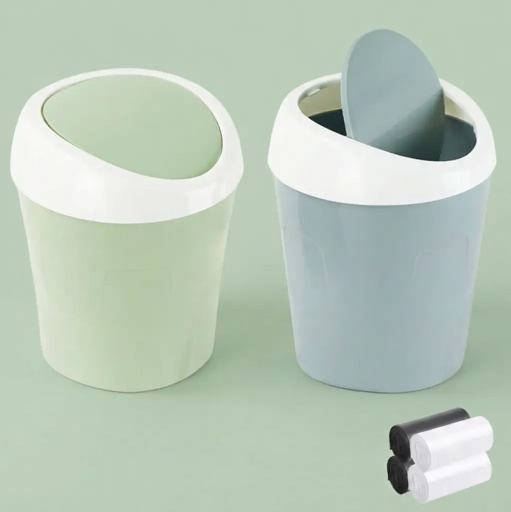 HUOMAQFAN 2-Pack Plastic Trash Cans - Mini Desktop Garbage Cans with Swing Lid, 120 Trash Bags, Waterproof, Smooth, Lightweight Wastebasket for Daily Cleaning, Kitchen (Blue & Green)