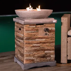 Outdoor Propane Fire Pit Table w Faux Brown Compact Ledge Stone Square Base and Faux Rose-Marble Round Bowl, Free Lava Rocks,Raincover