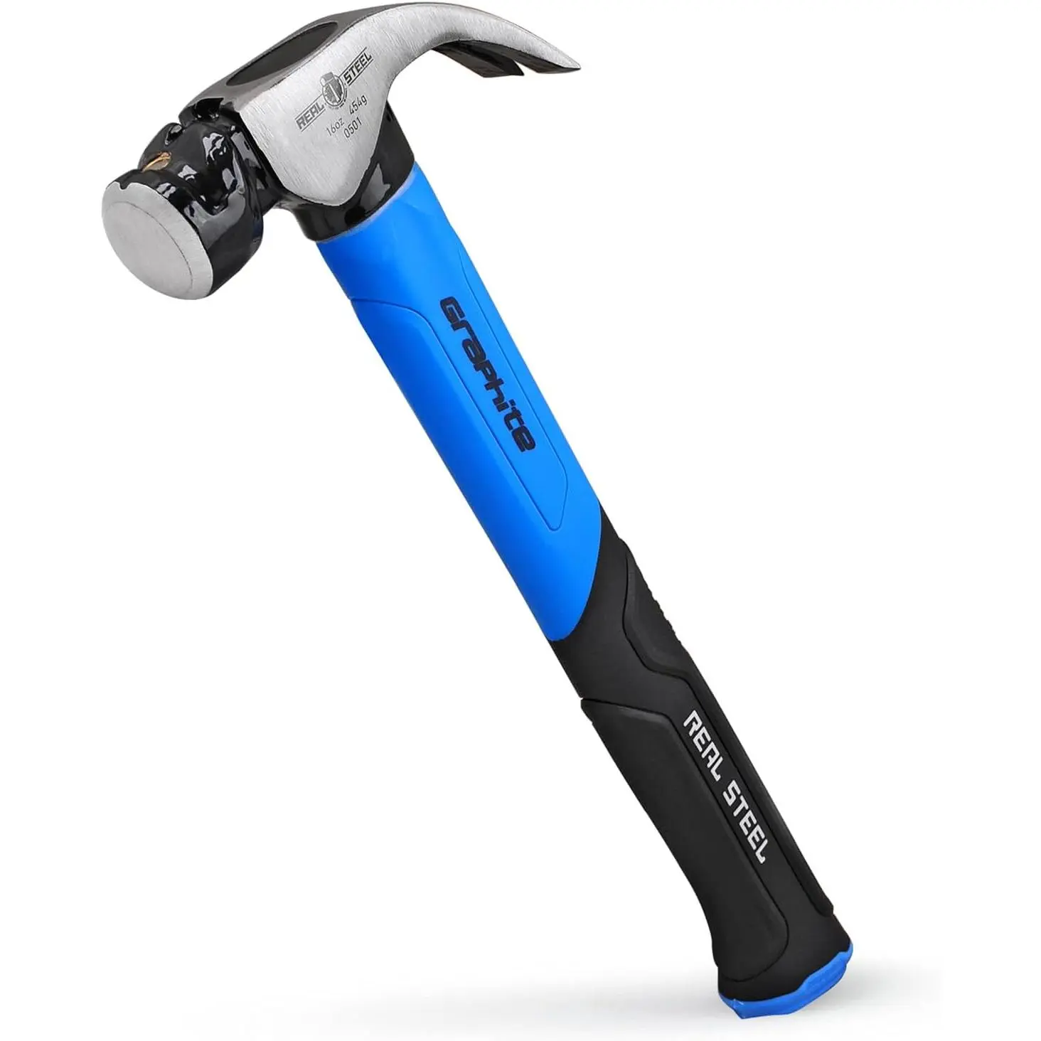 16 Oz High Carbon Steel Jacketed Graphite Core Curved Claw Framing Hammer - Smooth Face, Magnetic Head, Non-Slip Rubber Cushion Grip, Anti-Dislodgement, Max Nail-Pulling Leverage for Construction, Home Improvement, Woodworking (0501)