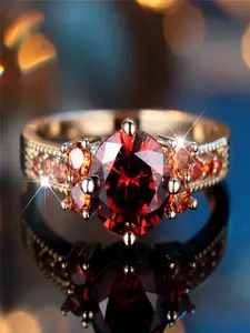 SyntheticCrystal Female Red Zirconia Round Stone Engagement Ring Vintage Gold Color Wedding Bands Jewelry For Women Men Artificial Zircon Ring