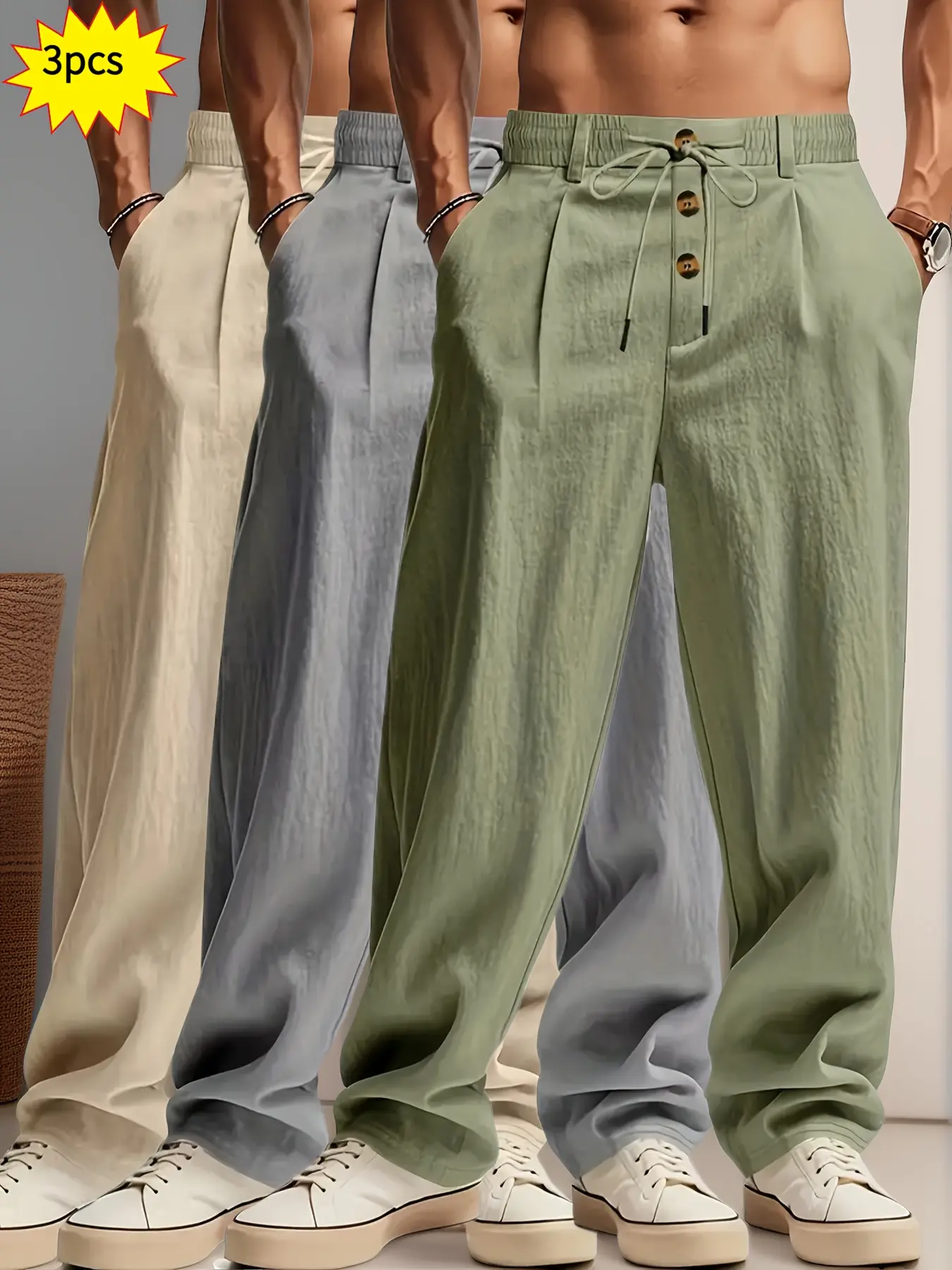 3 pieces of men's summer plain-color simple linen casual straight-leg trousers, Casual Solid Drawstring, beach-friendly lightweight breathable linen trousers, suitable for daily commuting and outdoor activities, vacations, beaches, Casual Fashion Pockets