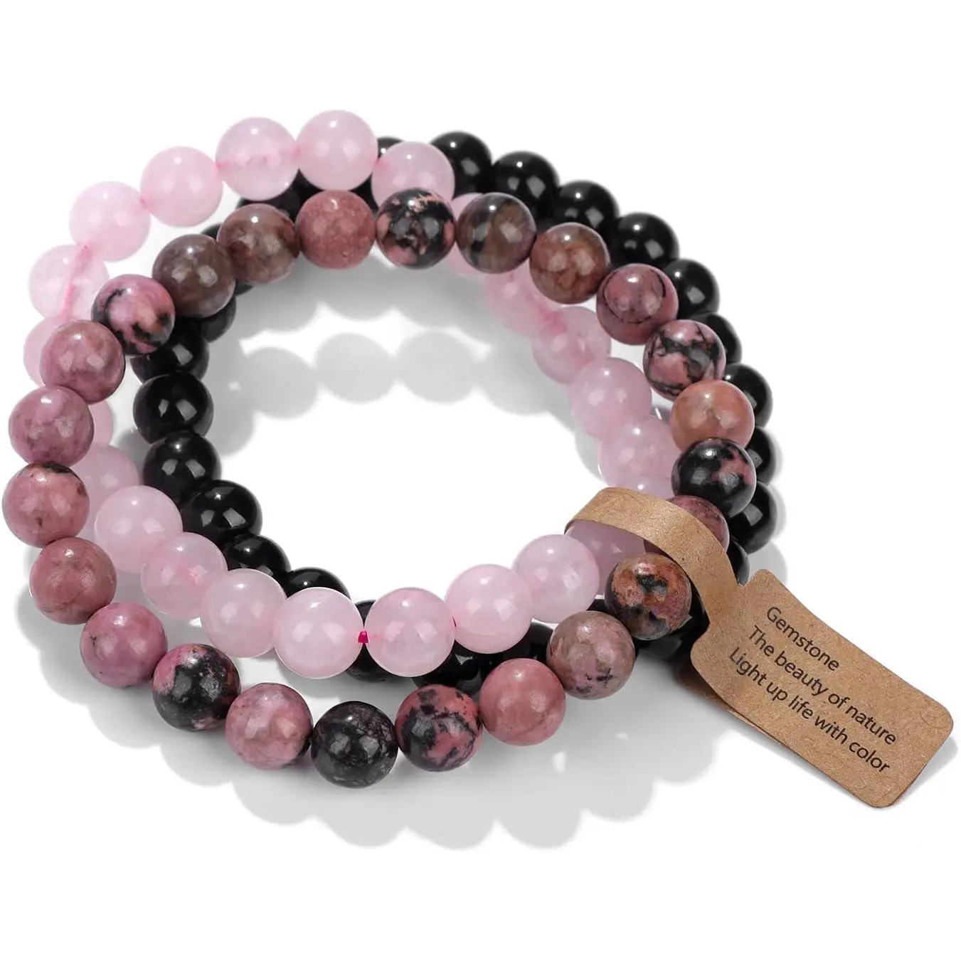 Women's 8mm Natural Stones Stretch Bracelet Set (3-Piece) - Rose Quartz, Rhodonite, Black Onyx, Elastic Fit, Grounding, Comfortable, Easy Wearing and Removal, Attract Love, Daily Costume Jewelry