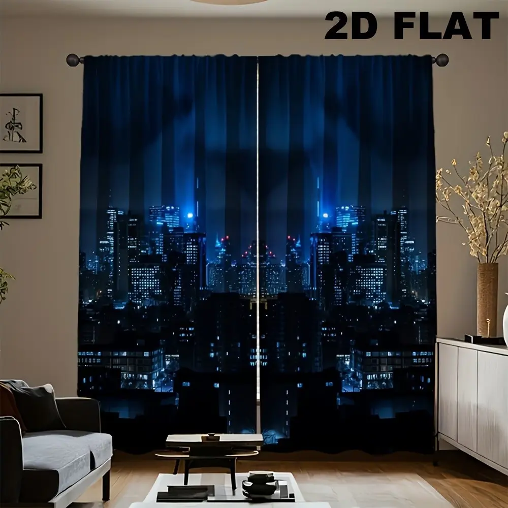 City Night Scene Print Curtains Set, Fashionable Rod Pocket Window Drapes for Bedroom & Living Room, Comfortable Atmosphere, Easy Installation, Home Decoration Curtain, Home Decorative Curtain