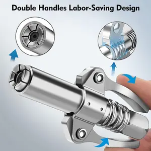 Double Handles Grease Gun Coupler Tip 6 Thickened Jaws, 12000 PSI High Pressure Quick Release Fittings Compatible with All Grease Guns 1/8" NPT
