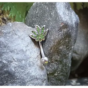 Pot Leaf Marijuana Hemp Design Eyebrow Ring 16g Curved Barbell Surgical Steel