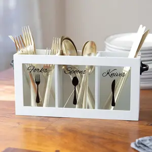 BLU MONACO Wooden Flatware, Cutlery,Kitchen Utensil & Silverware Caddy Organizer Bin Holder for Metal or Plastic Forks, Spoons, Knives Racks - 12"x 3.25"x 6"