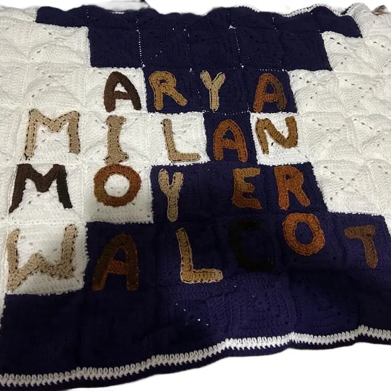 Customized Crochet Blanket with Personalized Name Letters Arya Milan Moyer Walcot Navy Blue and White Design