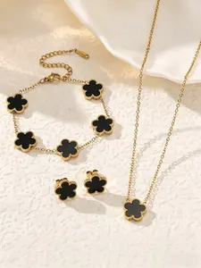 3Pcs Gold Plated Black Clover Matching Elegant Jewelry Set, Dainty Enamel Quatrefoil Necklace Bracelet Earrings Combo, Fashion Jewelry Gift for Her