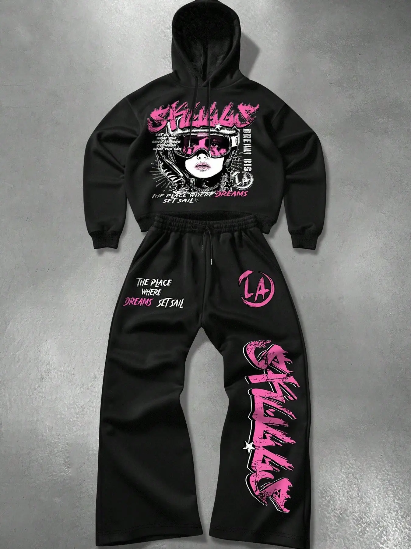 Unisex La Print Two-Piece Hoodie Set, Oversized Hooded Sweatshirt & Wide Leg Pants, Soft Fleece Fabric, Street Style Casual Wear